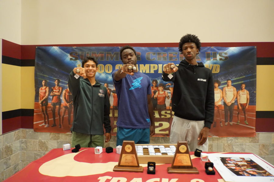 Track team seniors David Lopez, Donovan Bradley and Victor Kanu received their rings at a special ceremony.