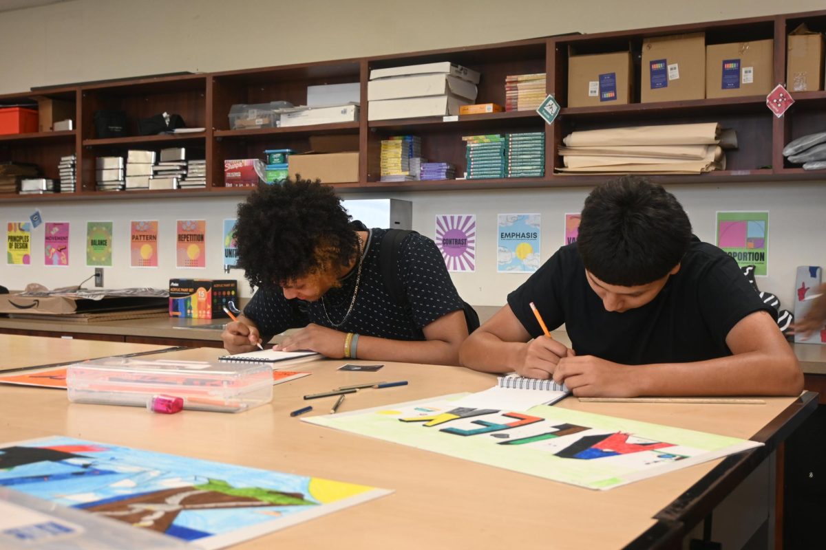 Freshmen Alex Moreno and Erik Moreno finish up their art portfolio.