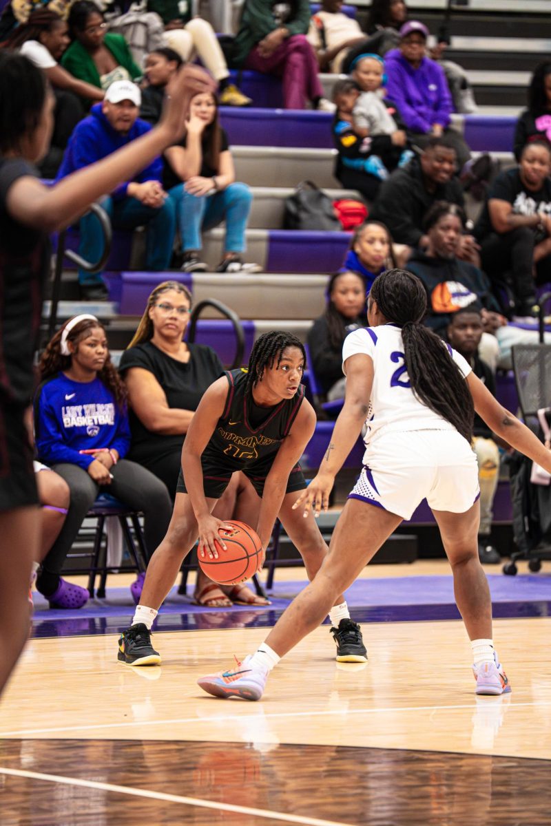 Scanning the court for her next move, sophomore Ty'asia Young looks for a teammate to get open.